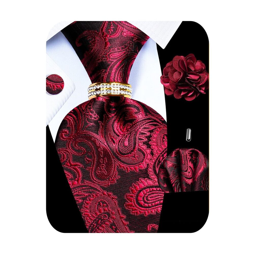1374 5PCS Red Paisley Silk Tie, Pocket Square, Cufflinks, Drilled Tie Ring